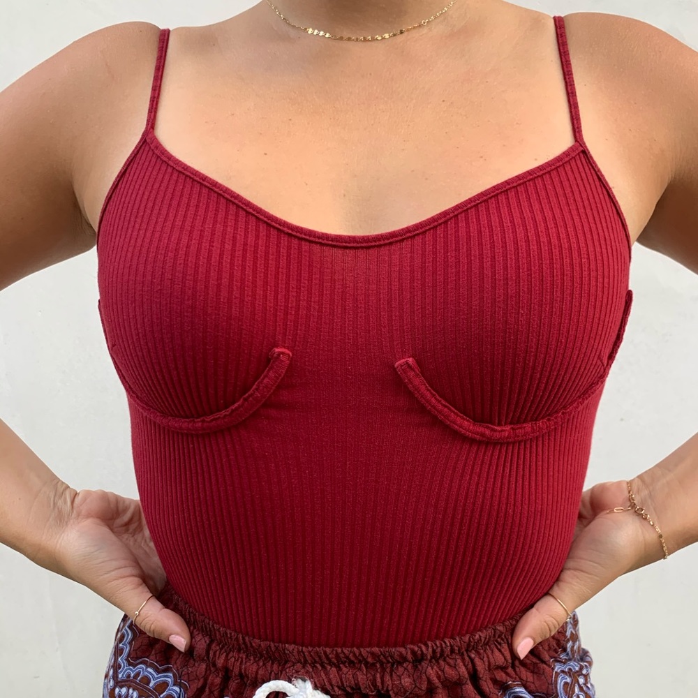 Ribbed Red Bodysuit With Bralette Detail